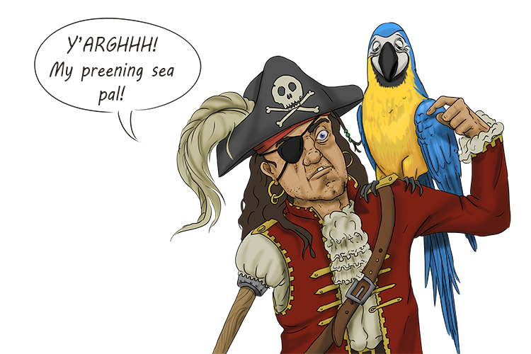 The main character was a pirate with a parrot on his shoulder, who he called his preening sea pal (principal).